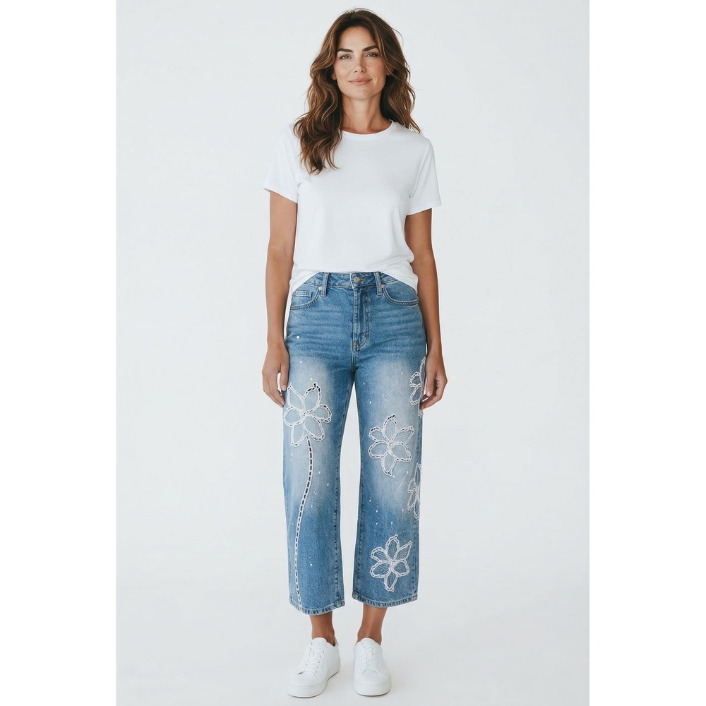 OH Women's XL Floral Embroidered Straight Leg Jeans‎ Blue Paint Splatter High